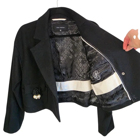 Pink Tartan Cropped Wool Jacket Black Embellished Blazer XS - Picture 6 of 13
